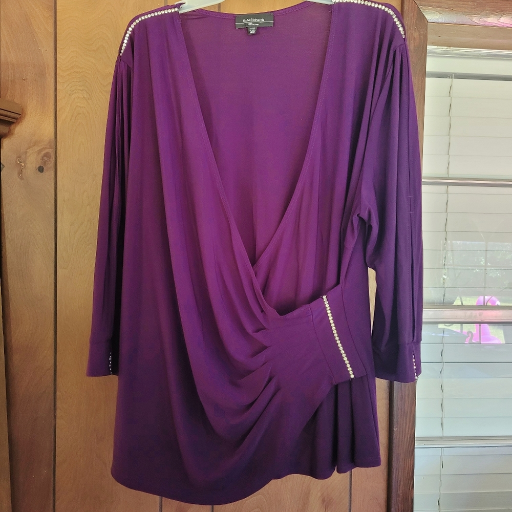 Purple Surplice 3/4 Blouse with Rhinestone Details